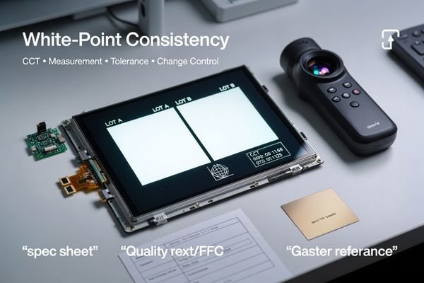 LCD display module on a lab bench measured with a colorimeter, illustrating white-point (CCT) consistency for procurement acceptance and change control.