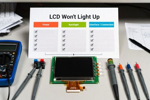 Electronics workbench with powered-off LCD module, multimeter, oscilloscope probes and a troubleshooting flowchart titled LCD Won’t Light Up