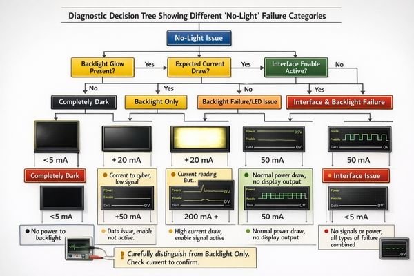 LCD display module failure mode classification for no-light symptoms