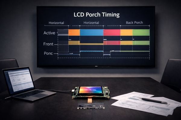 Conference room with large screen displaying LCD porch timing diagram and evaluation board on table