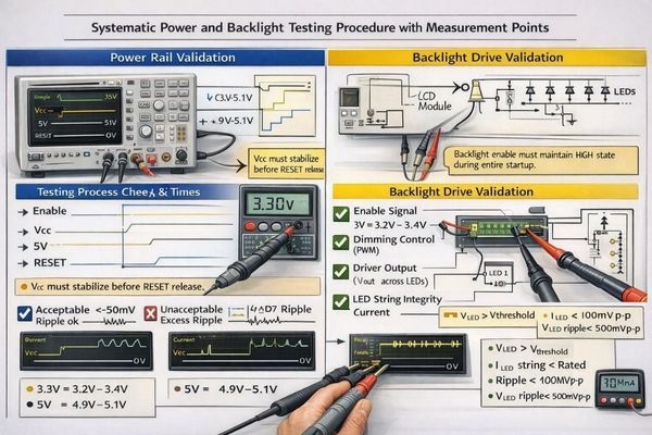 Power rail and backlight validation methodology for LCD display modules