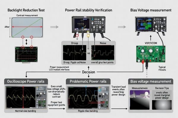 Power and bias voltage isolation methodology for LCD contrast troubleshooting and root cause analysis
