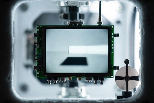 LCD display module inside a small environmental chamber showing a moving-edge grayscale test with faint low-temperature ghosting trail, illustrating slowed response time.