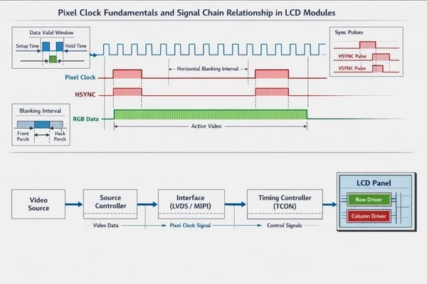 Pixel clock signal timing and LCD display module interface synchronization