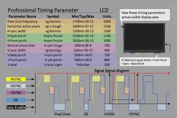 LCD module timing table structure and parameter relationships for stable operation
