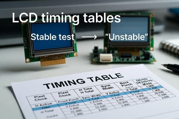 LCD module on a lab desk next to a printed timing table showing pixel clock, porches, sync widths, and DE/HS/VS mode parameters.