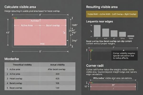 Visible area calculation methodology incorporating bezel overlap effects on usable display content and interface design
