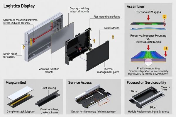 Mechanical integration framework for logistics sorting displays ensuring physical durability and service accessibility