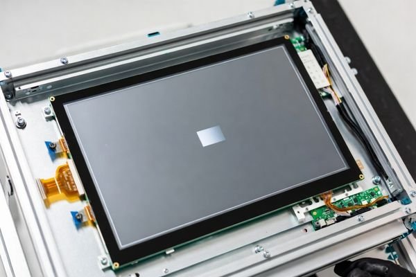 12–15 inch LCD display module installed inside an industrial enclosure, connected by a MIPI DSI FPC cable, with a handheld tester indicating compatibility validation.