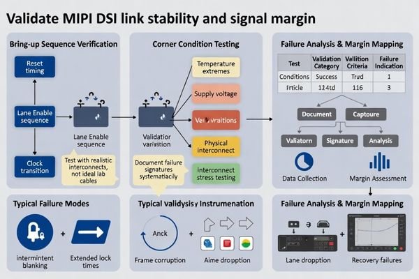 MIPI DSI link stability validation methodology ensuring reliable bring-up behavior and signal margin assessment