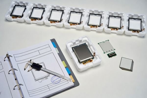 Custom-shaped LCD display module prototype on a clean desk with technical drawings, caliper measurement, and prototype frames illustrating NRE engineering and validation work.