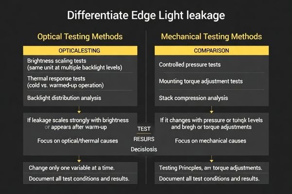 Optical versus mechanical isolation testing methodology for LCD module edge leakage diagnosis