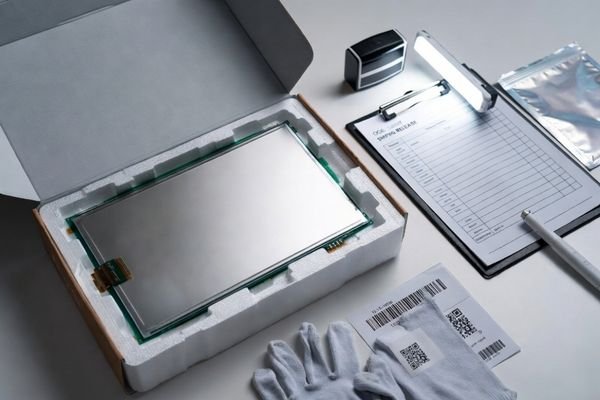 12-inch LCD module in foam shipping tray with OQC checklist clipboard, barcode labels, and inspection light, representing outgoing QC and packaging validation.