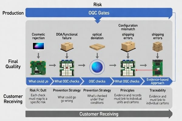 OQC risk control framework for LCD modules identifying shipment-specific quality gates and failure prevention strategies