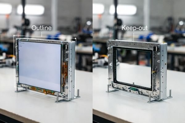 Comparison of an 11–13 inch LCD display module fitting vs not fitting in an enclosure frame, highlighting outline dimension and connector keep-out for mechanical fit.