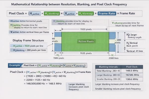 Pixel clock calculation methodology showing resolution and blanking components