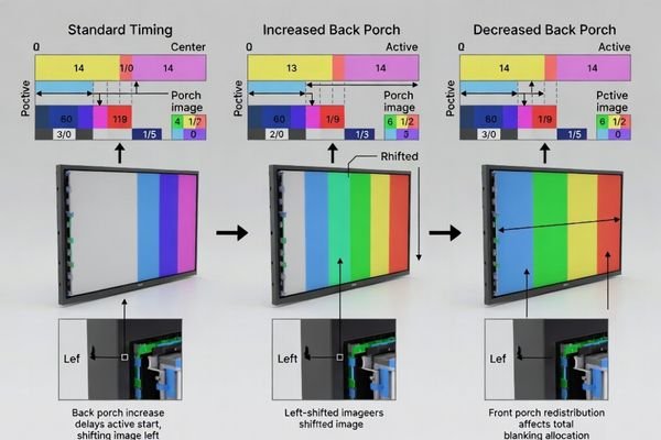 Porch timing changes and resulting image position shifts in display systems