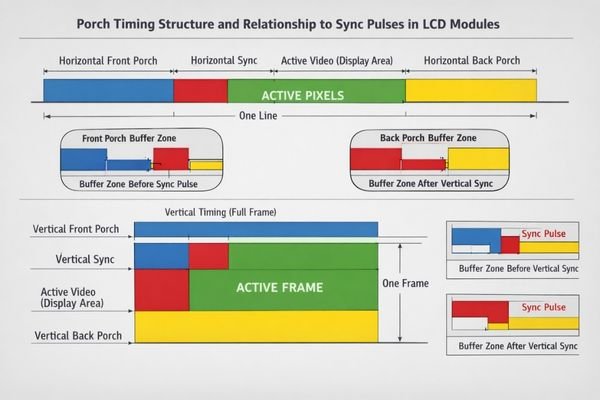 LCD display module porch timing diagram showing horizontal and vertical blanking intervals