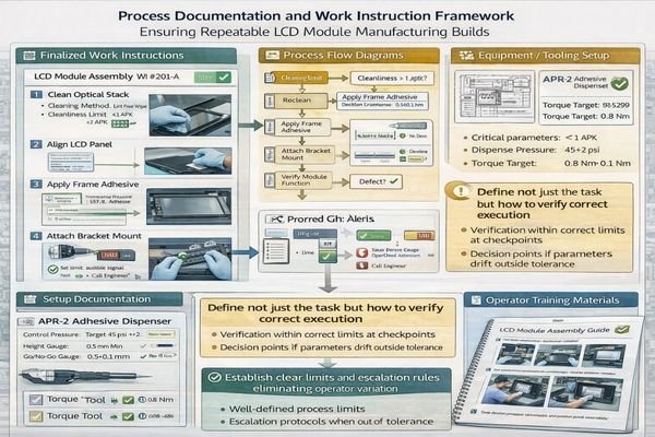 Process documentation and work instruction framework ensuring repeatable LCD module manufacturing builds