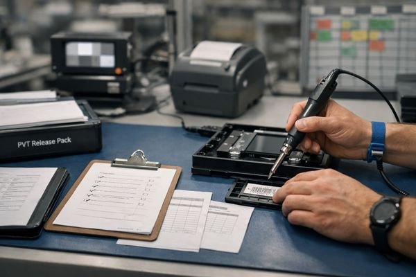 Technician assembling an LCD display module with an ESD wrist strap, using a torque tool beside a PVT release checklist and traceability labeling.