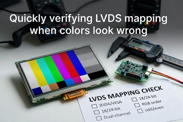 LCD showing LVDS color bars and a grayscale ramp beside an LVDS mapping checklist, with a dev board and LVDS cable on an electronics workbench.