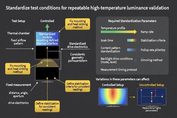 Test condition standardization framework for high-temperature luminance validation ensuring measurement repeatability and accuracy
