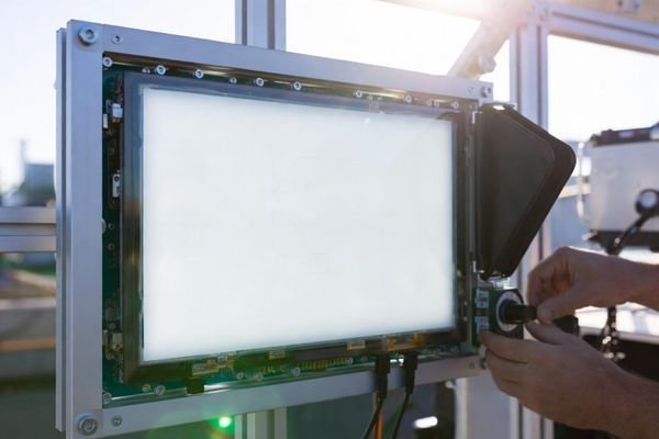 Technician measuring a high-brightness LCD display module in direct sunlight with a handheld luminance meter while adjusting the backlight driver for uniformity validation.