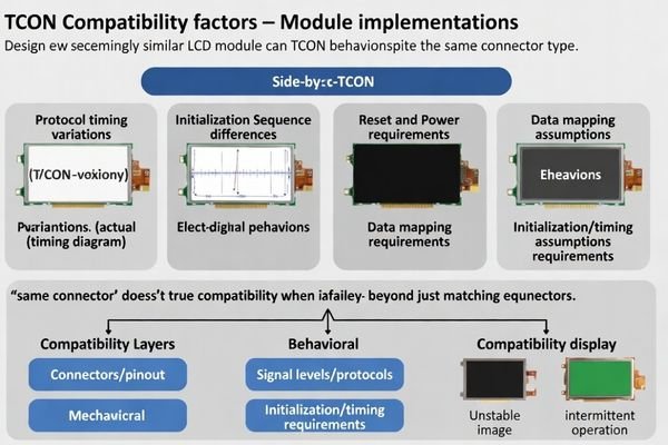 TCON compatibility analysis for LCD display modules identifying protocol variations and initialization dependencies