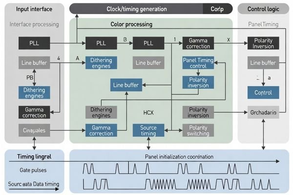 TCON functional architecture for LCD modules establishing timing control and signal processing requirements