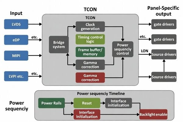 TCON timing controller architecture for LCD display modules showing interface bridging and power sequencing integration