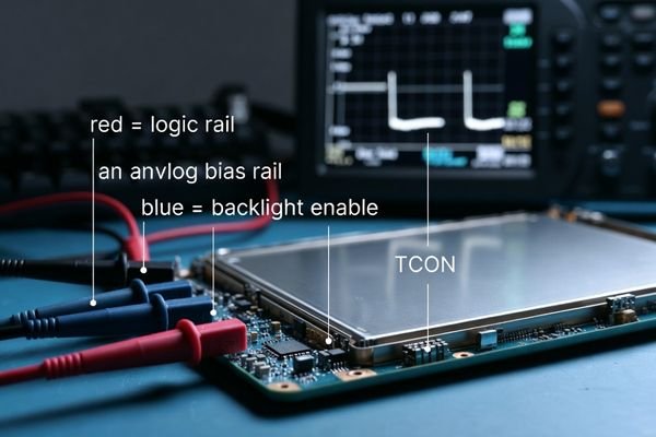 Large 12-inch LCD module under bring-up test with probes and oscilloscope waveforms, illustrating TCON power sequencing, reset timing, and compatibility.