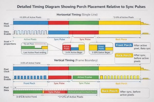 Front porch and back porch positioning in LCD display module timing sequence