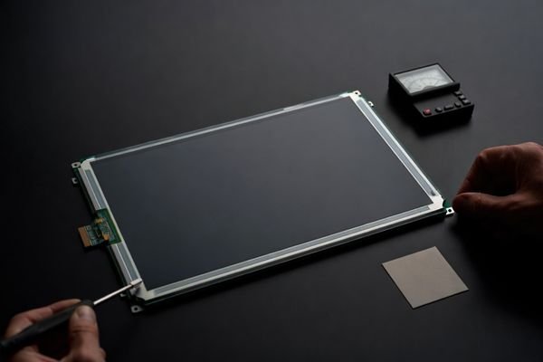 12-inch LCD module showing edge light leakage on a dark-gray test pattern, with a torque screwdriver and shim indicating mechanical stress troubleshooting.