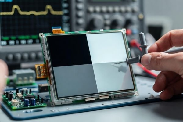 Technician measuring an LCD display module on a lab bench, comparing high-contrast vs washed-out grayscale to troubleshoot sudden contrast drop.