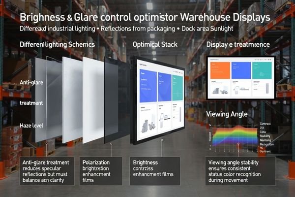 Brightness and glare control optimization for warehouse picking terminal display visibility
