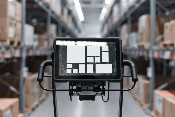 Handheld warehouse picking terminal on a cart handle showing a high-contrast shape-based UI on an LCD display module, with mild overhead light glare and a barcode scanner beam in a warehouse aisle.
