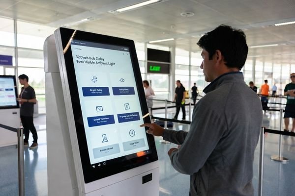 Modern information kiosk with LCD touchscreen in a busy airport terminal.
