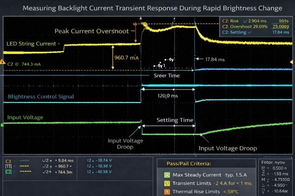 Oscilloscope capture showing backlight current transient during brightness change