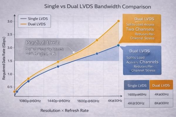 Chart comparing single vs dual LVDS bandwidth capabilities for LCD modules