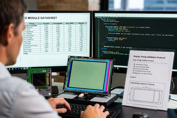An engineer reviewing display documentation and firmware code