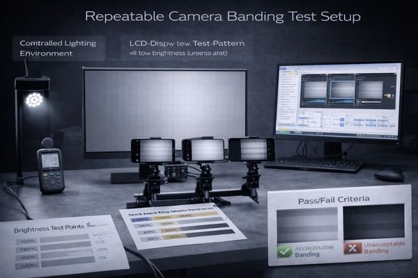 A lab setup for testing an LCD module for camera banding with a fixed camera rig