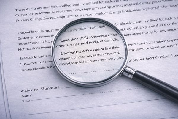An image of a magnifying glass over a contract's fine print about effective dates