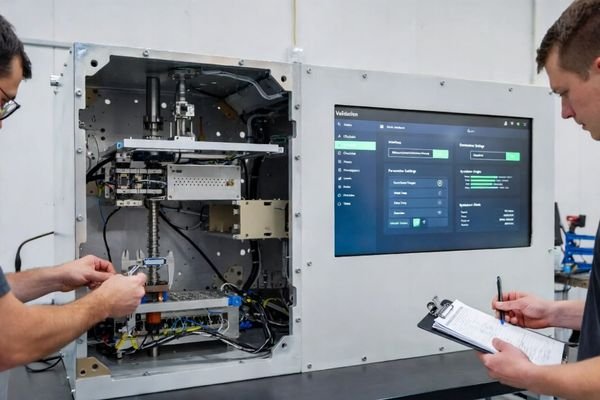 Workspace scene showing engineers evaluating structure and integration risks using a custom prototype with an integrated LCD module and supporting design references.