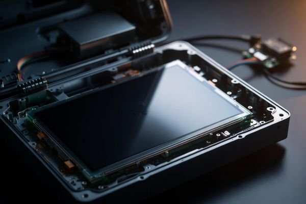 Angled flashlight reveals a faint boot image on a dark LCD display module inside an opened industrial enclosure, illustrating a backlight-enable delay diagnosis.