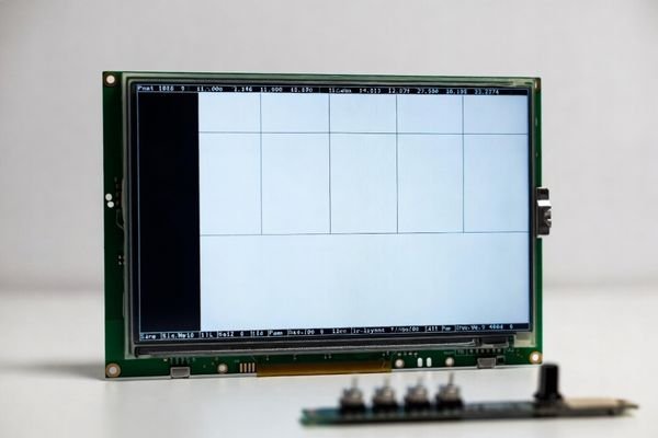 LCD display module showing a shifted grid/border test pattern with a black bar on one side, alongside a small control board implying porch and HSYNC/VSYNC polarity adjustment