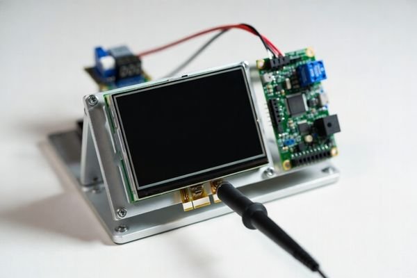 Oscilloscope probe clipped at an LCD display module connector in a clean test setup, illustrating reset sequencing diagnostics for no display after wake