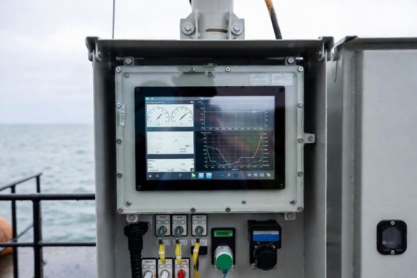 Dockside equipment control enclosure with integrated 10.1-inch+ LCD display module for harsh marine outdoor environments
