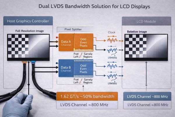 An engineering diagram showing data splitting for a dual LVDS LCD display module