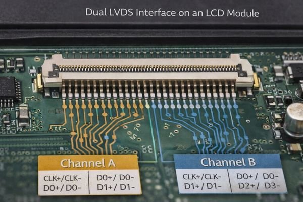 Close-up of a dual LVDS connector on an LCD display module PCB