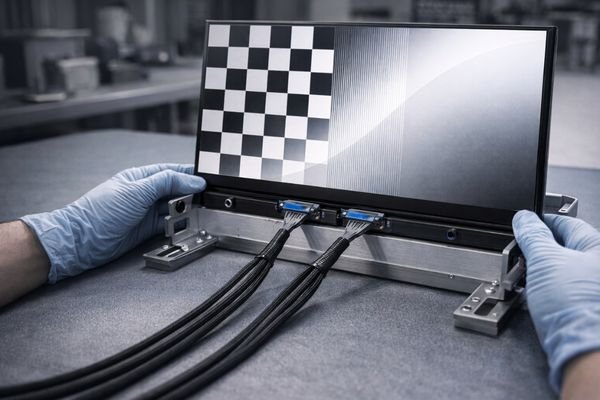 Technician in a factory-style assembly jig connects a Y-split dual LVDS harness to an LCD display module showing a sharp high-resolution test pattern, illustrating dual-channel bandwidth.